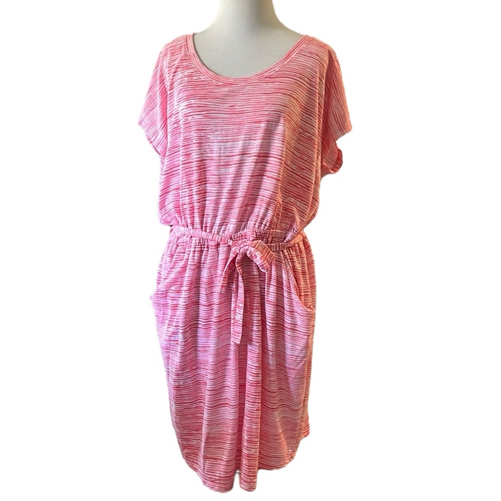 SONOMA SHORT SLEEVE BELTED STRIATED DRESS PINK WHITE SIZE XL